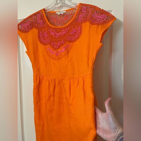 BODEN Fleur Embroidered 100% Linen Crochet Dress Orange Pink Size 2 Easter Party - Picture 4 of 9